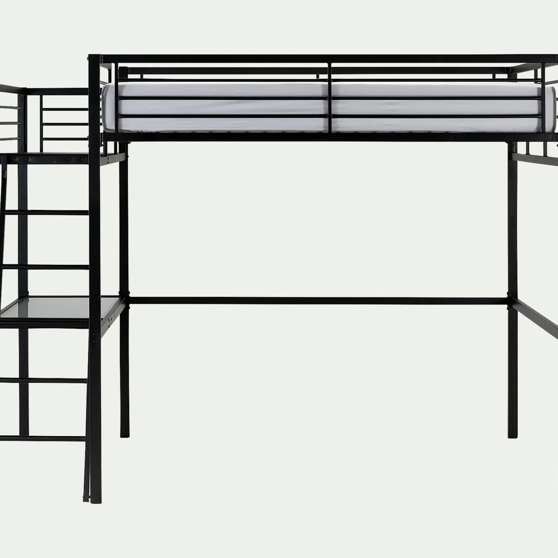 Lit mezzanine 2 places en acier avec bureau en verre - noir 140x200cm