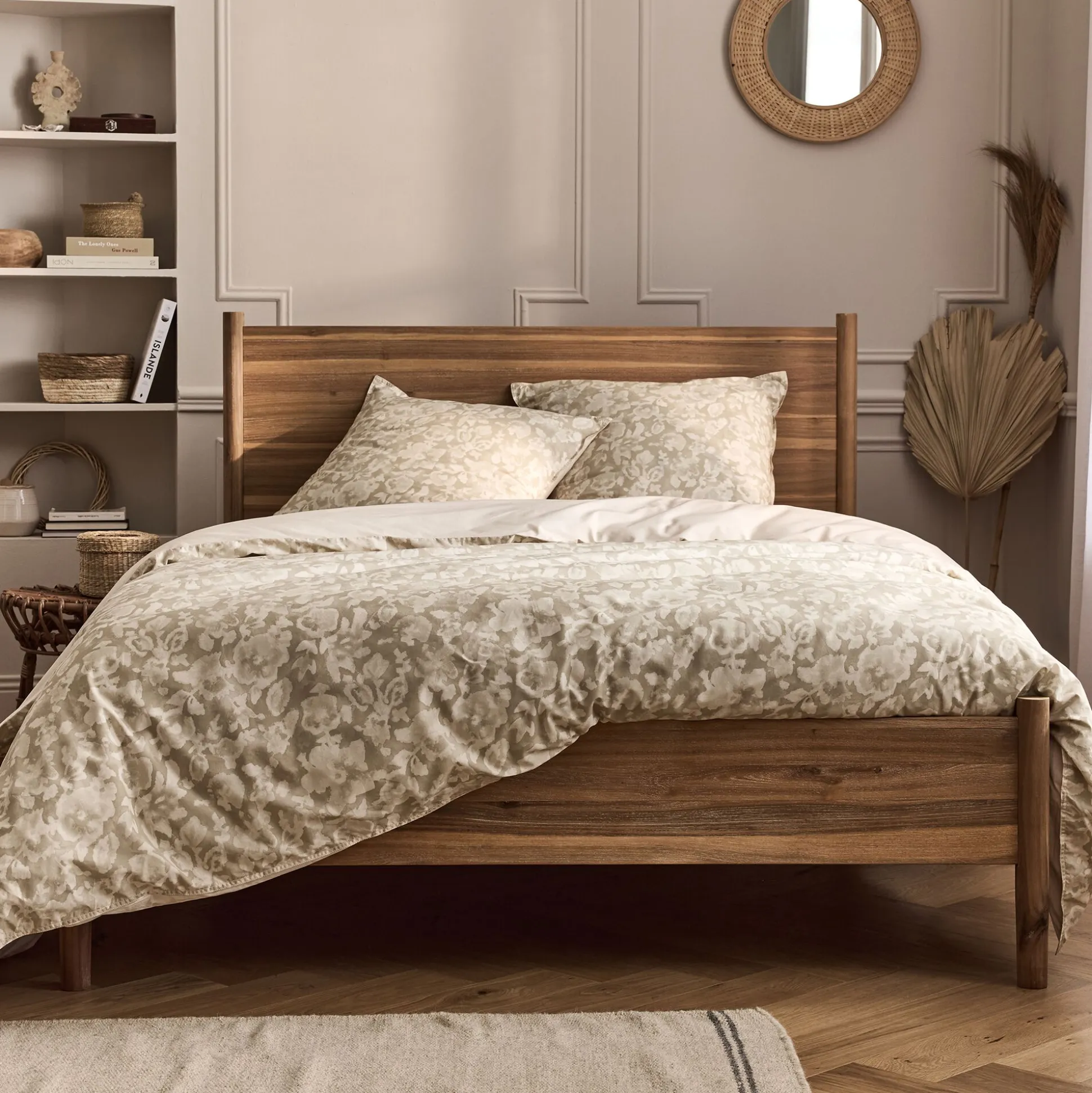 Lit 2 places avec tête de lit en bois d'acacia massif 160x200cm - bois clair