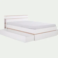 Lit 2 places avec tête de lit en bois 160x200cm - blanc