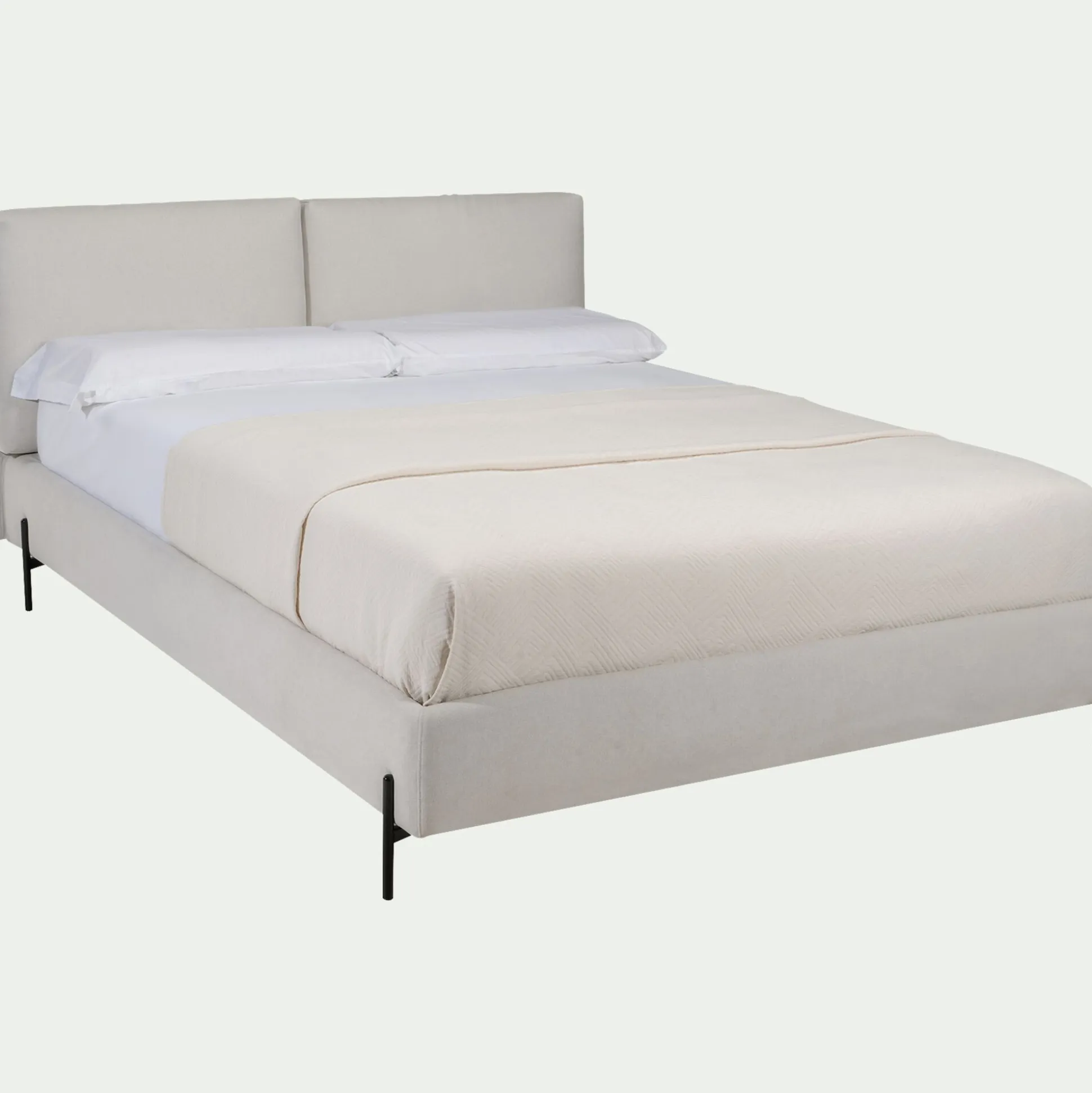 Lit 2 places avec tête de lit en tissu doux 160x200cm - blanc écru