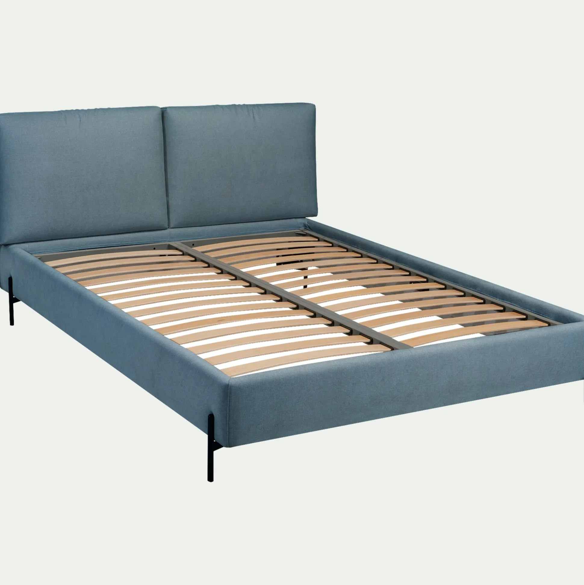Lit 2 places avec tête de lit en tissu doux 160x200cm - bleu niolon