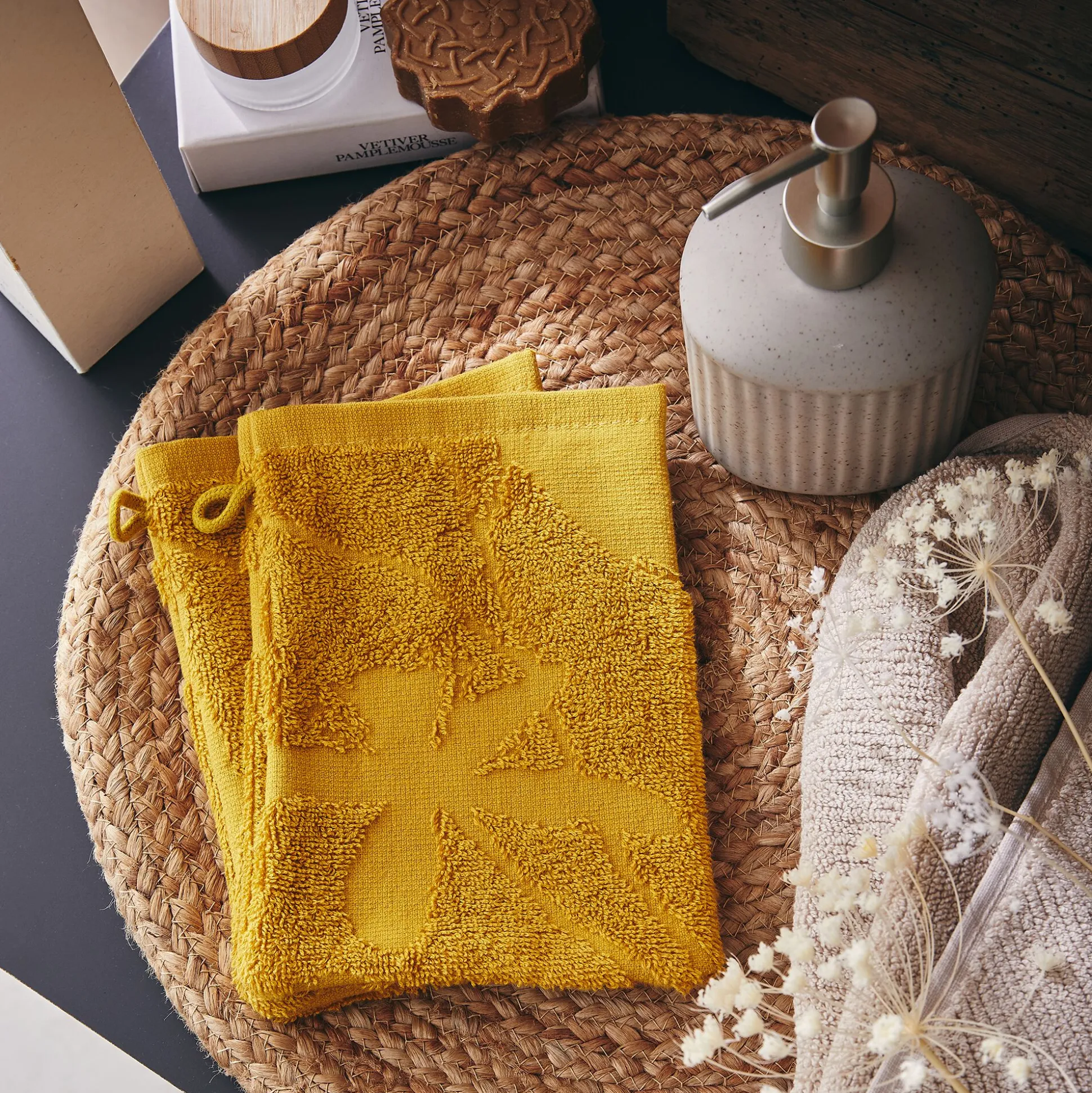 Lot de 2 gants de toilette en coton - jaune argan