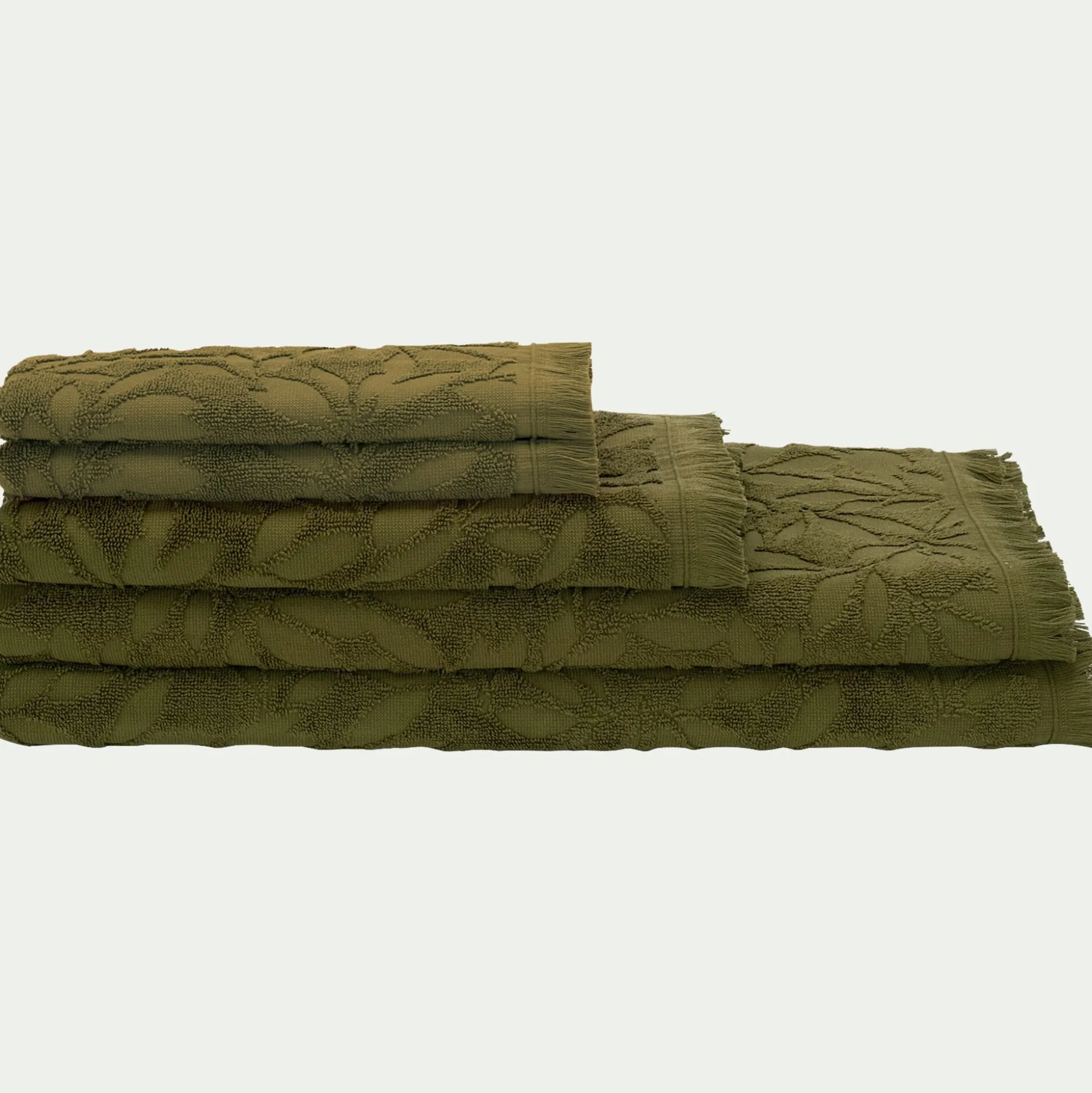 Lot de 2 serviettes invités en coton motif floral 30x50cm - vert mousse