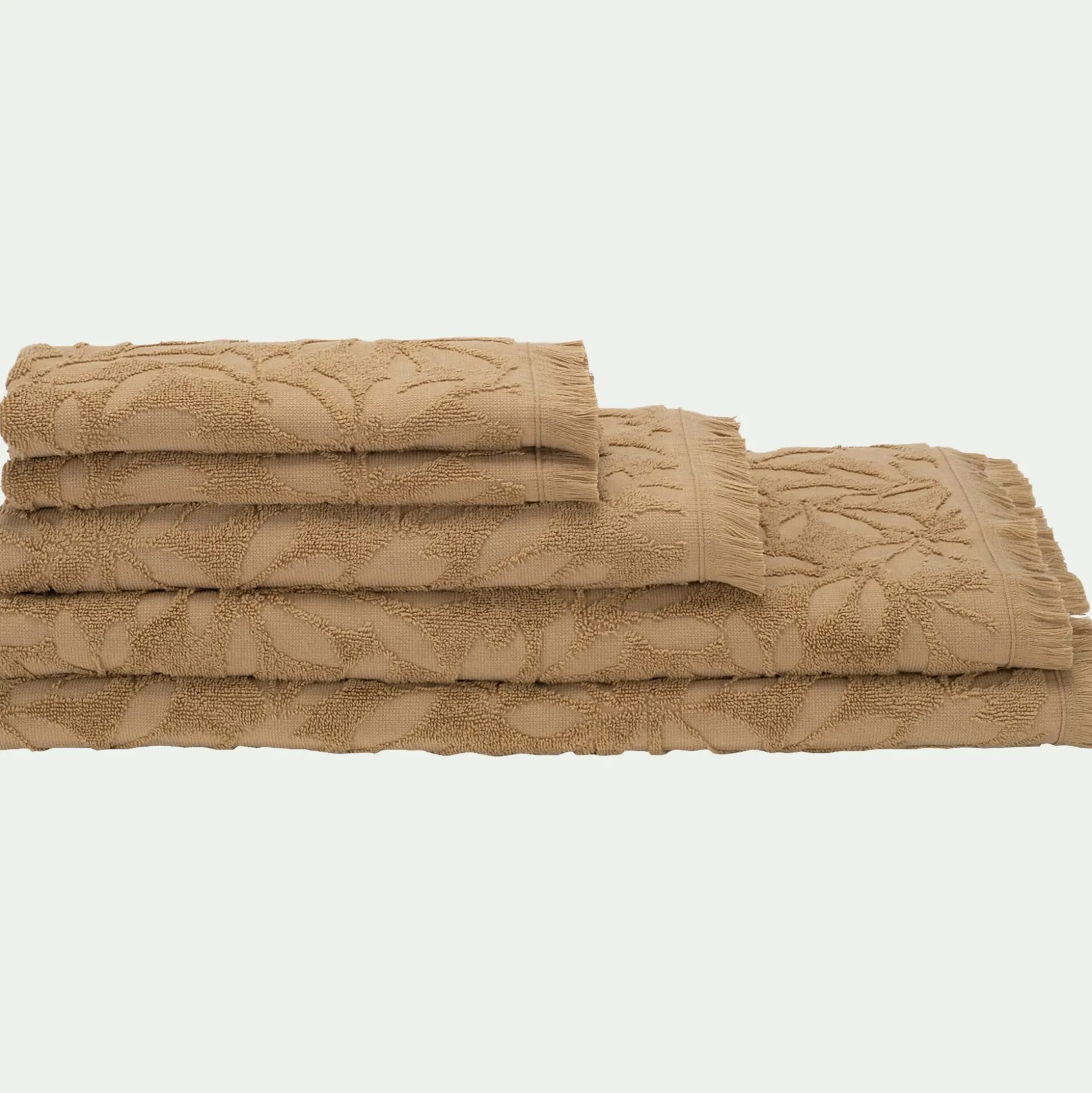 Lot de 2 serviettes invités en coton motif floral 30x50cm - beige sable