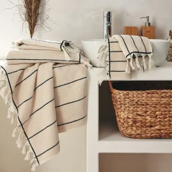 Lot de 2 serviettes invités rayée en coton 30x50cm - beige