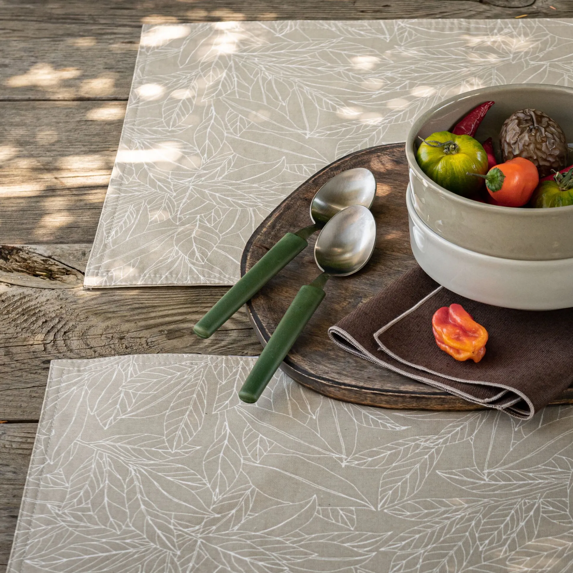 Lot de 2 sets de table en coton enduit motif laurier - beige alpilles 35x48cm