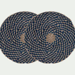 Lot de 2 sets de table ronds en jonc de mer D36cm - bleu
