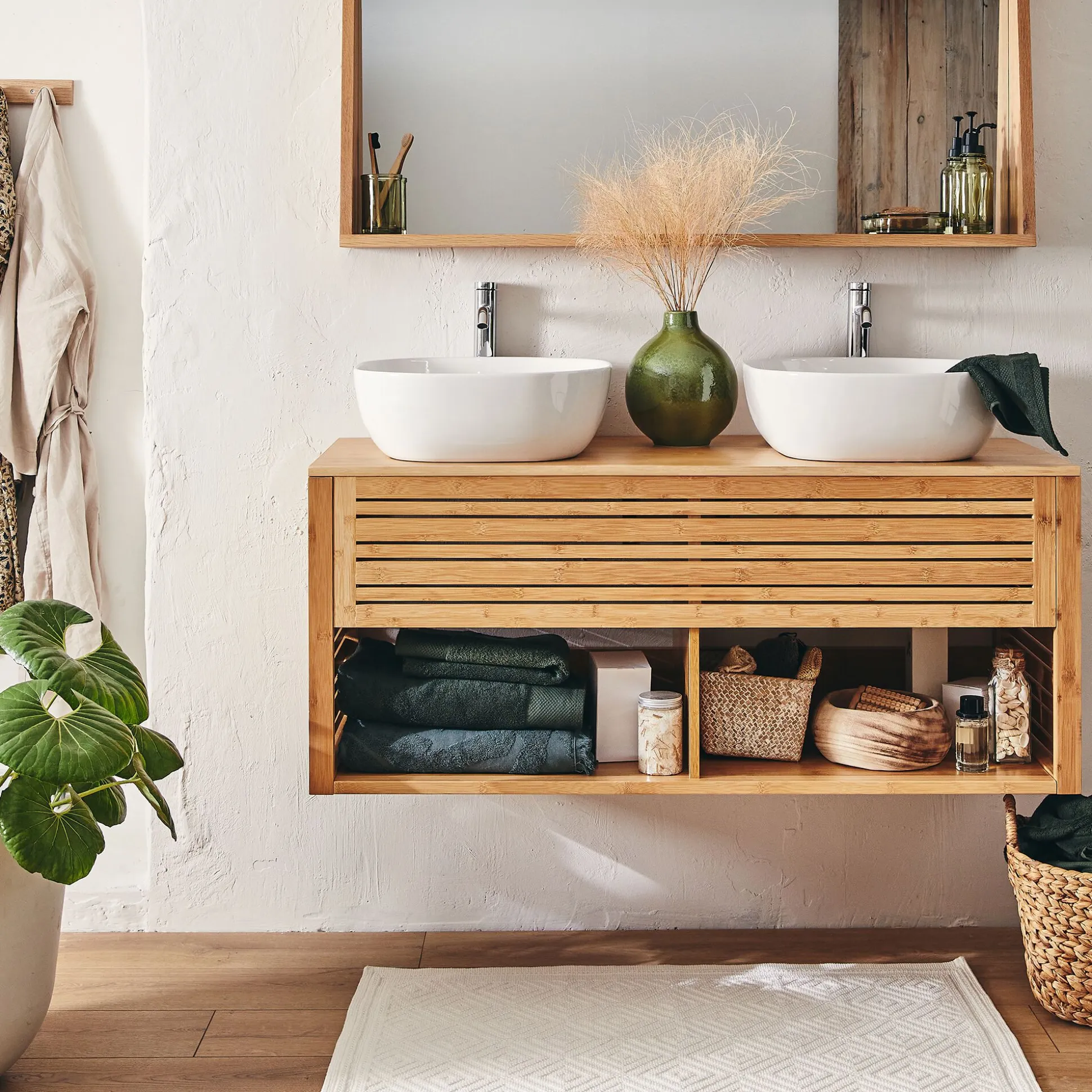 Meuble double sous vasque murale en bambou - L120cm