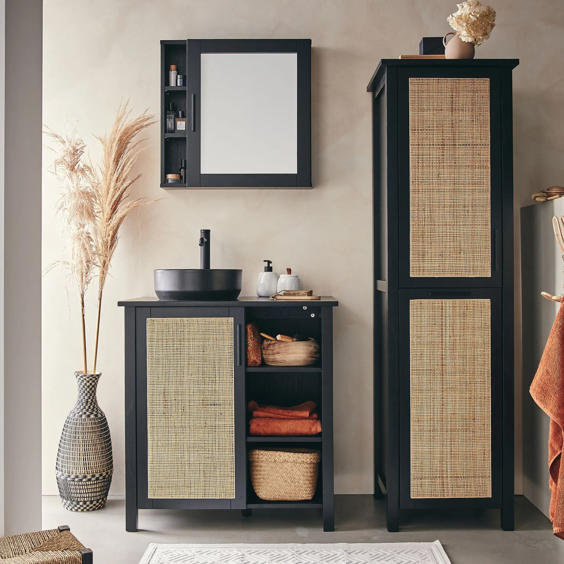 Meuble sous-vasque simple en bois de cèdre et 1 porte en cannage - L80cm