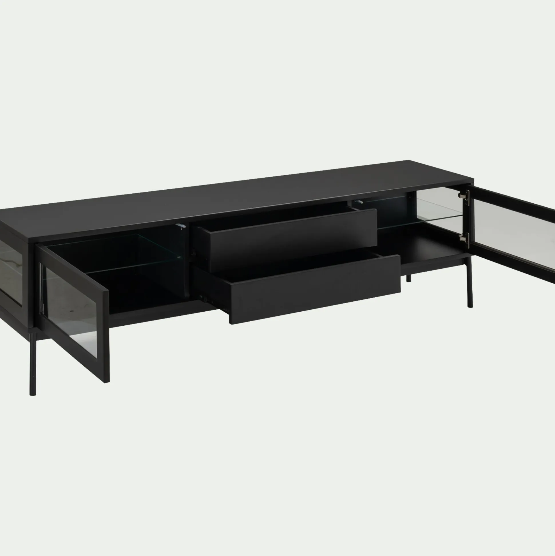 Meuble tv 4 portes en bois et verre - noir L180xl42xH51cm