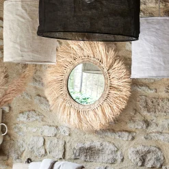 Miroir rond avec franges en raphia D65cm