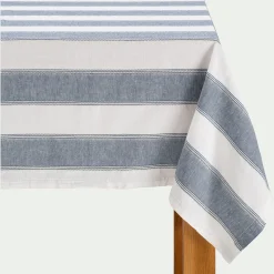 Nappe à rayures bleues en lin et coton 150x250cm - blanc