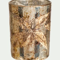Photophore en verre motif houx D8xH10cm - doré