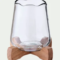 Photophore en verre sur pied en bois D17,5xH17,5cm - transparent