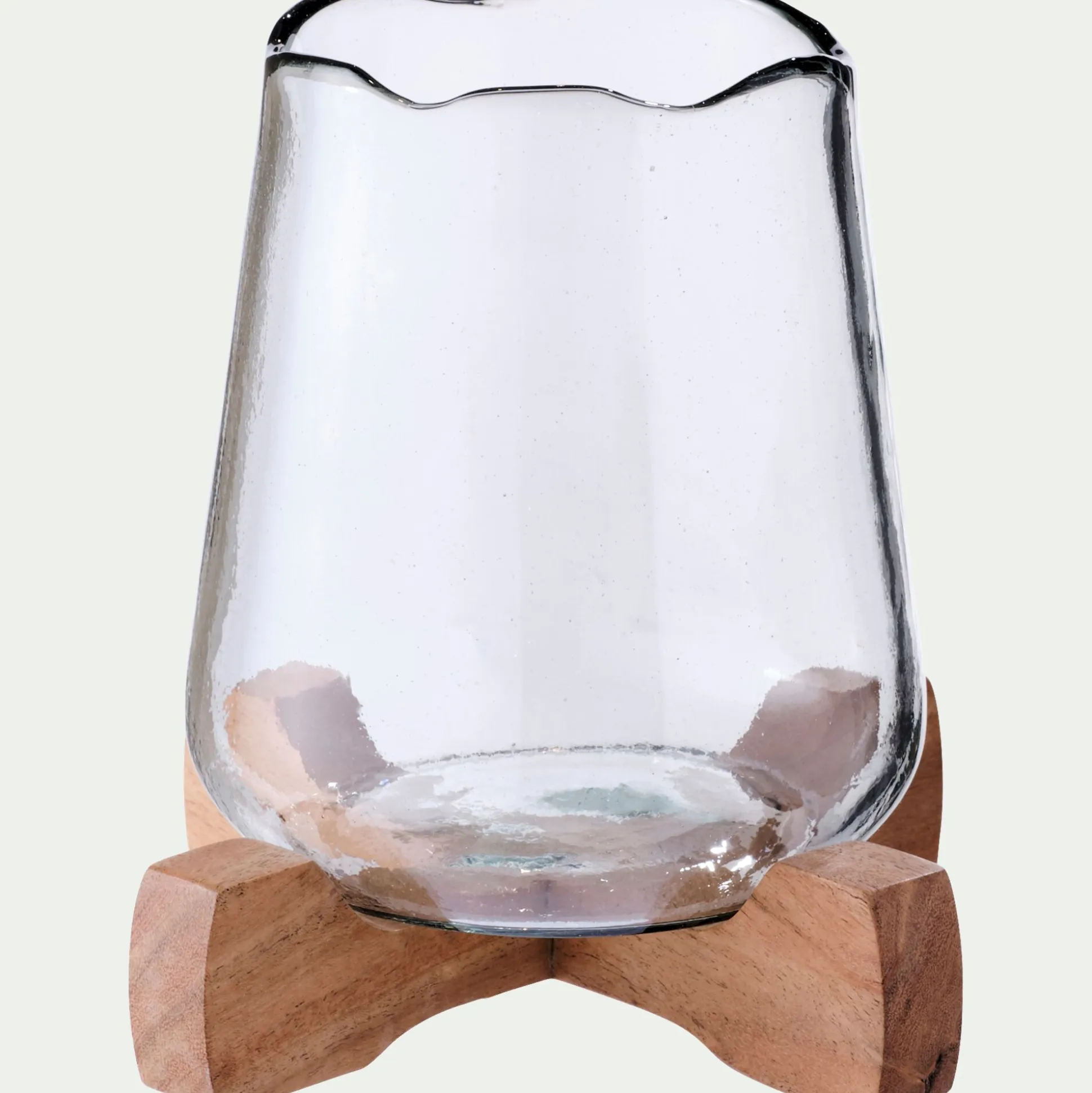 Photophore en verre sur pied en bois D17,5xH17,5cm - transparent