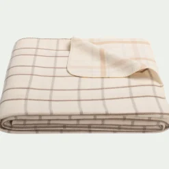 Plaid en coton et laine motif tartan finition franges 180x230cm - blanc écru