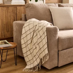 Plaid en coton et laine motif tartan finition franges 130x170cm - blanc écru