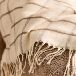 Plaid en coton et laine motif tartan finition franges 130x170cm - blanc écru