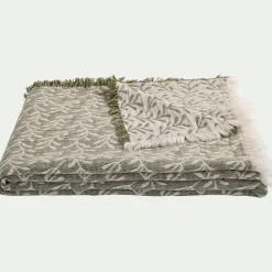 Plaid en coton motif feuilles finition franges 130x170cm - vert