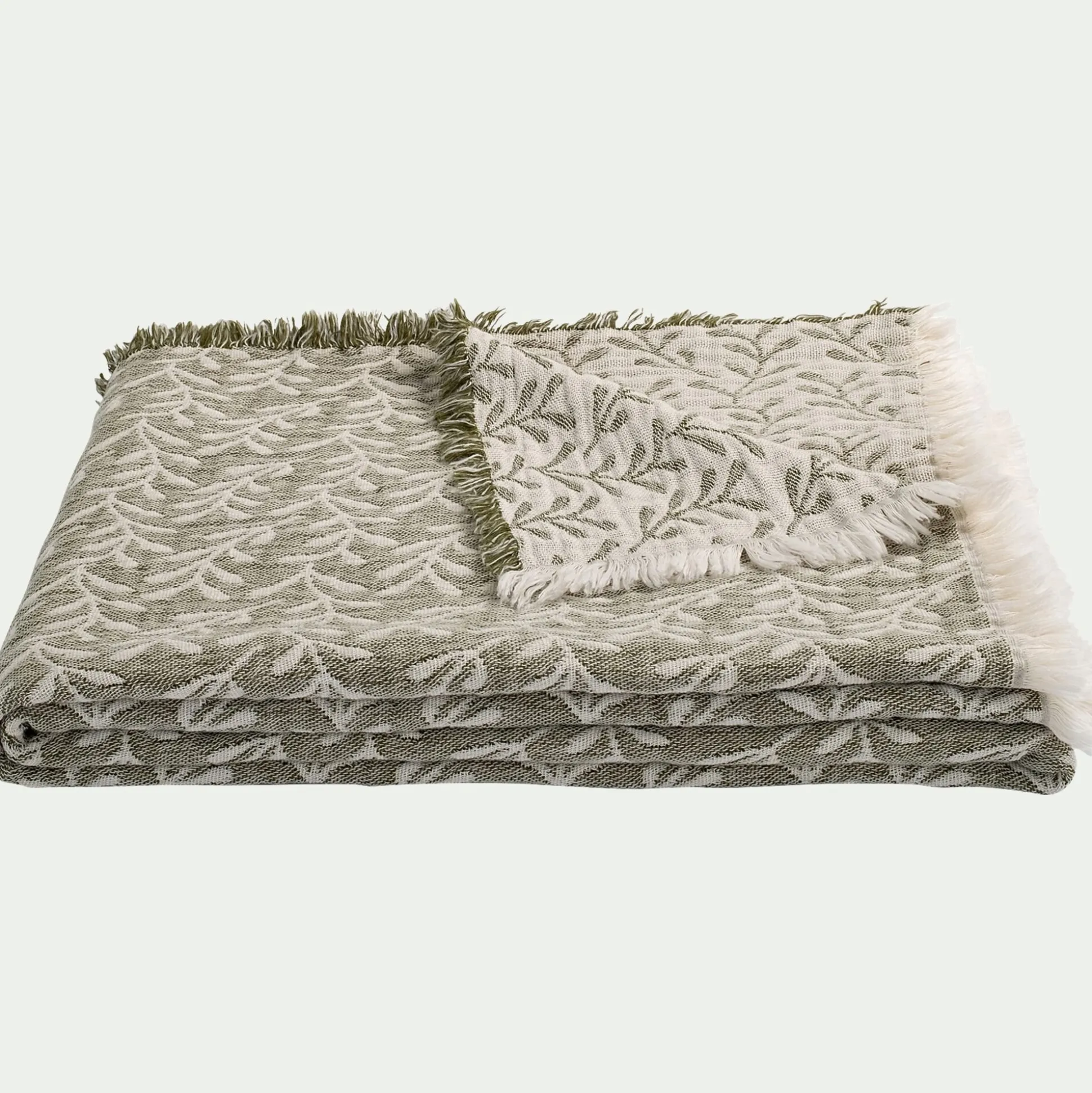 Plaid en coton motif feuilles finition franges 130x170cm - vert