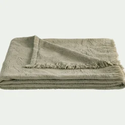 Plaid en coton motif végétal finition franges 130x170cm - vert