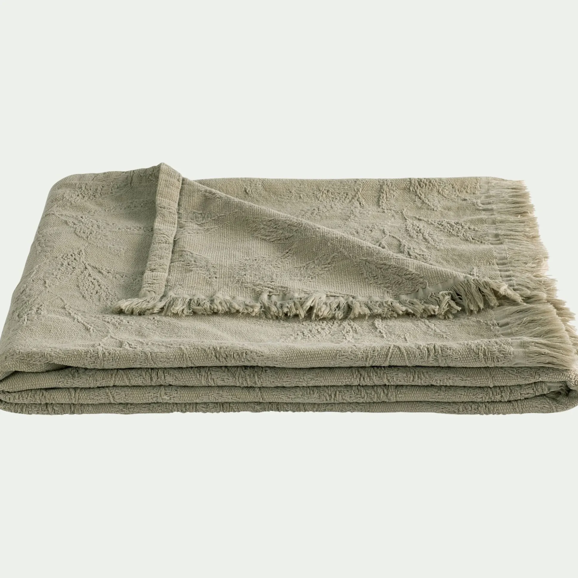 Plaid en coton motif végétal finition franges 130x170cm - vert