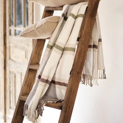 Plaid en laine et coton à carreaux finition franges 170x127cm - marron