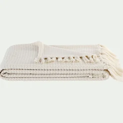 Plaid à frange en tissu effet crocheté - blanc écru 130x170cm