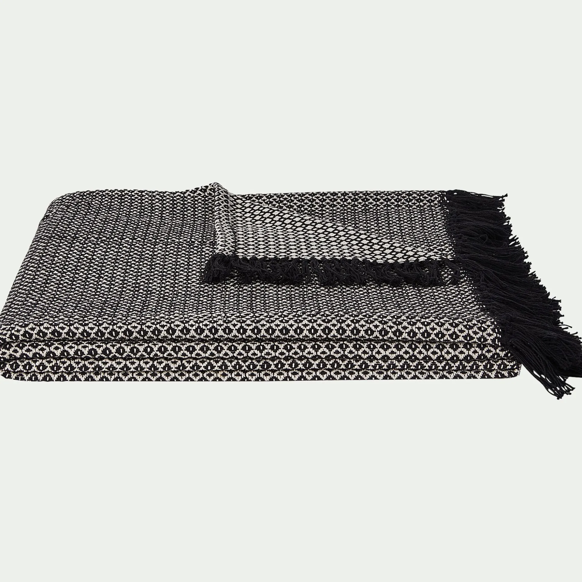 Plaid à franges et motifs en coton - noir 130x170cm