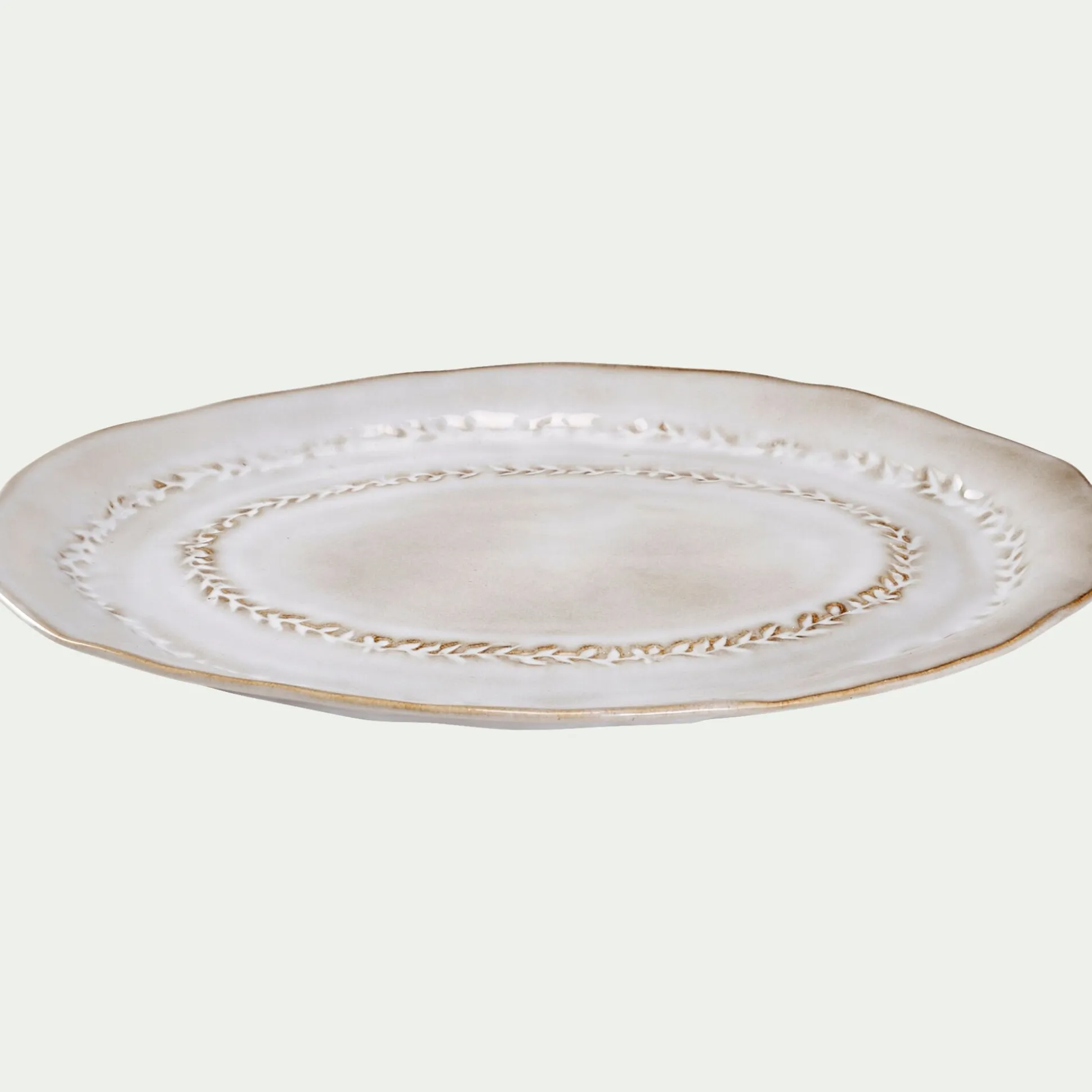 Plat de présentation ovale à motif végétal en grès L40cm - beige alpilles