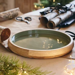 Plateau décoratif rond en bois de manguier D34cm - vert