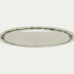 Plat ovale avec motif houx en grès L40cm - blanc