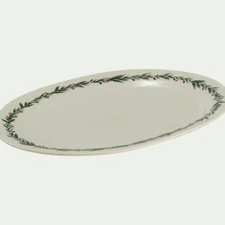 Plat ovale avec motif houx en grès L40cm - blanc