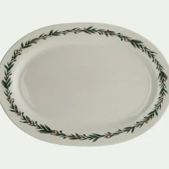 Plat ovale avec motif houx en grès L40cm - blanc