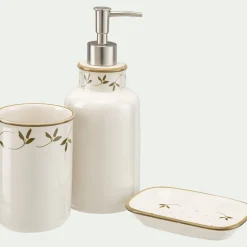 Porte savon en grès à motifs feuilles - blanc