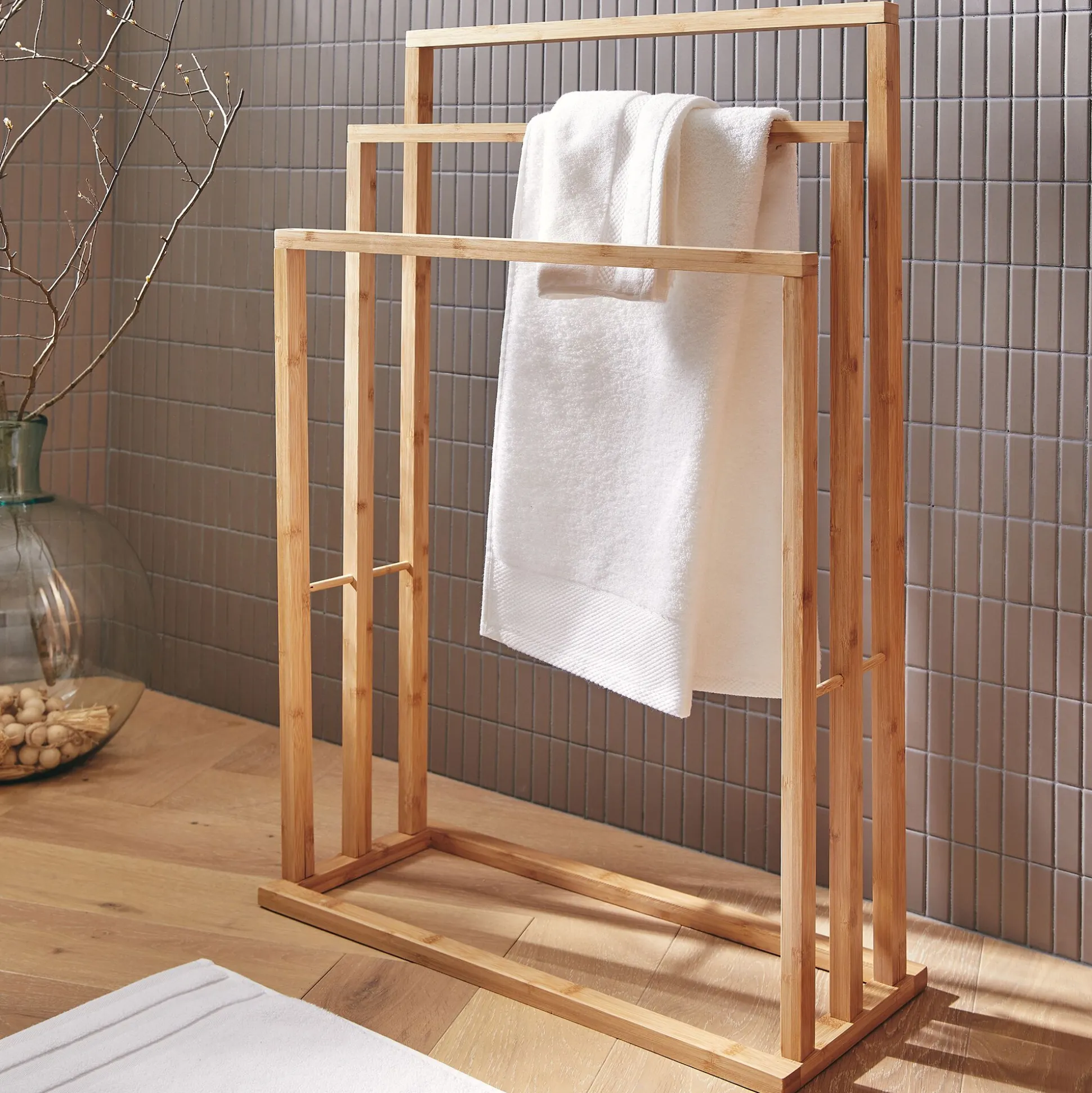 Porte-serviette triple en bambou - naturel H82cm