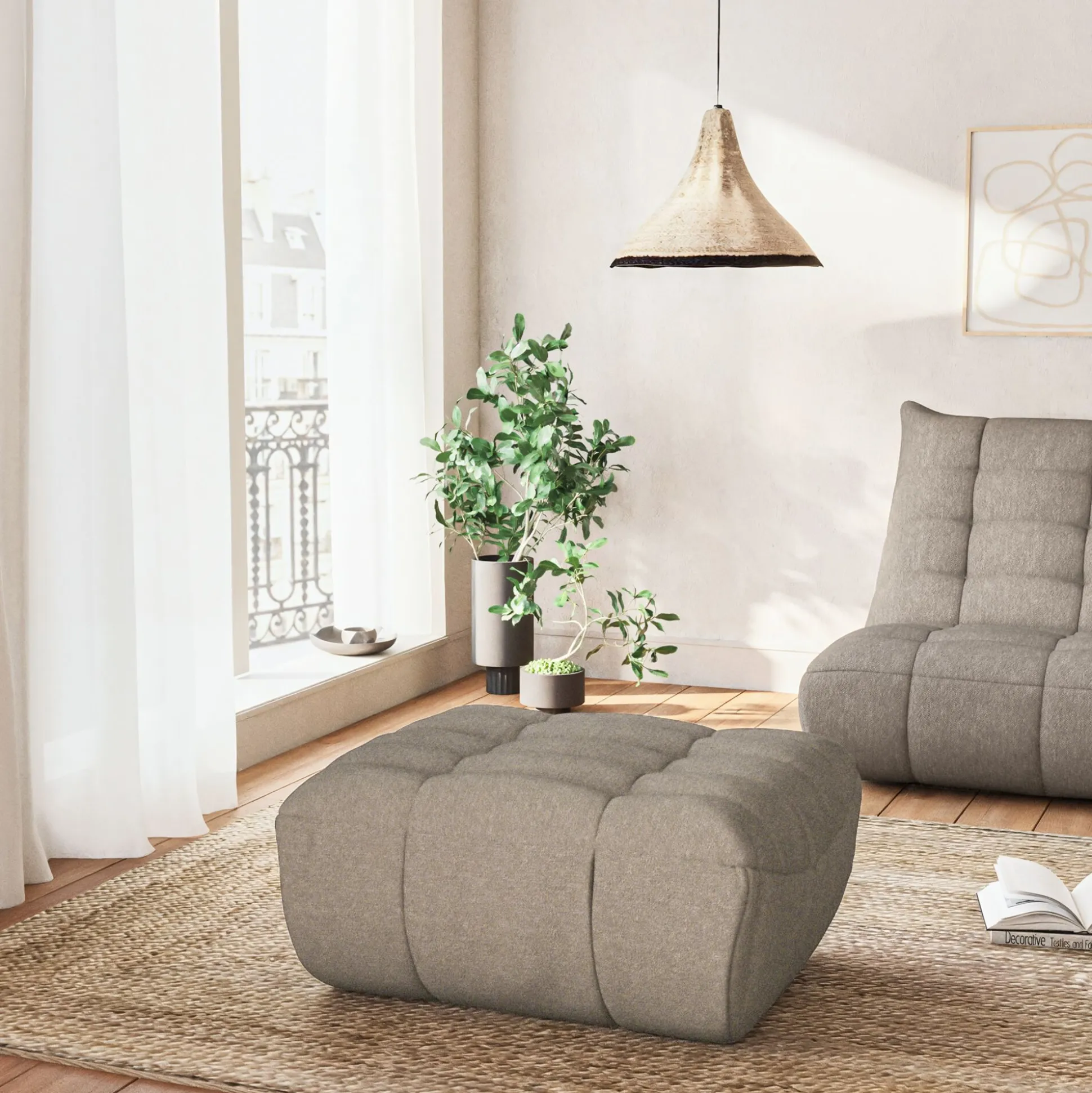 Pouf en tissu bouclette - gris clair