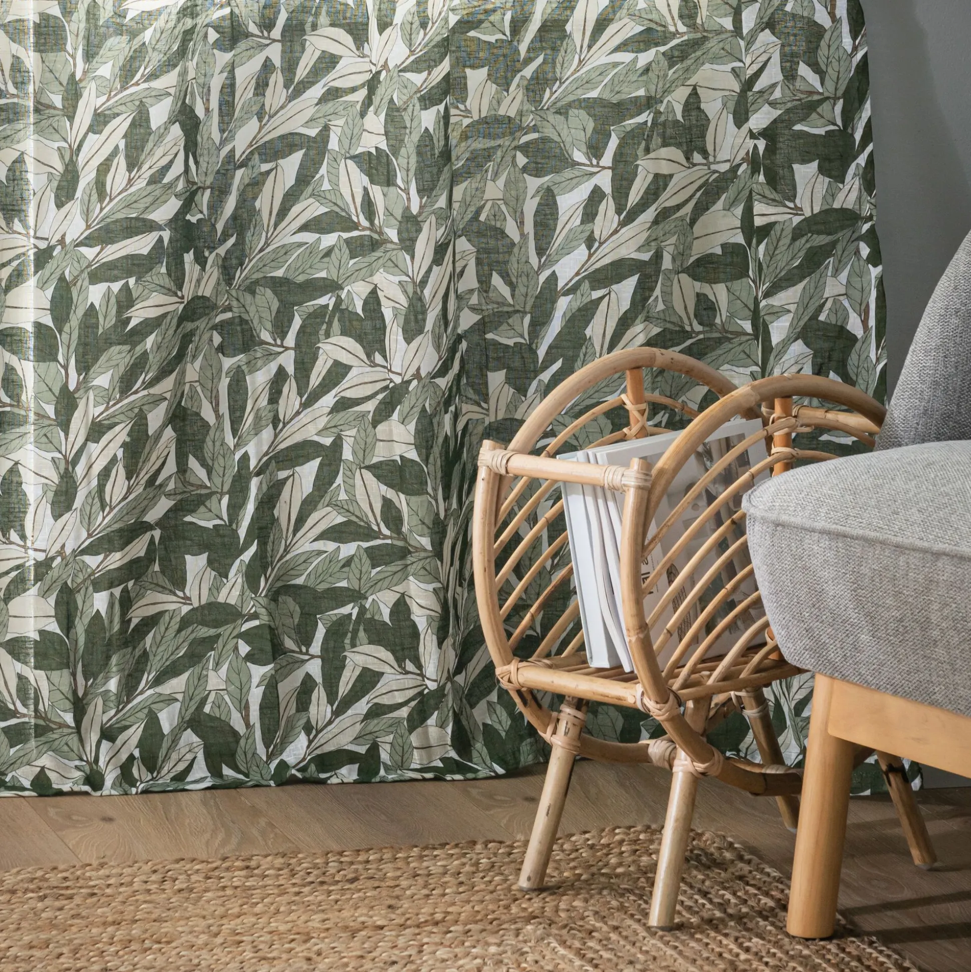 Rideau à œillets en polyester et coton motif Laurier 140x250cm - vert