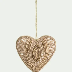Suspension de Noël coeur en perles H10cm - doré