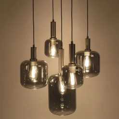 Suspension en acier à 5 globes E27 en verre fumé H218cm - noir