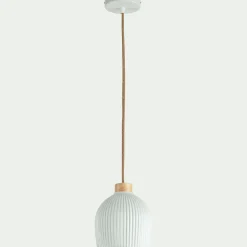 Suspension électrifiée en porcelaine striée D14,8cm - blanc