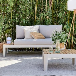 Table basse de jardin carrée en teck et aluminium - beige