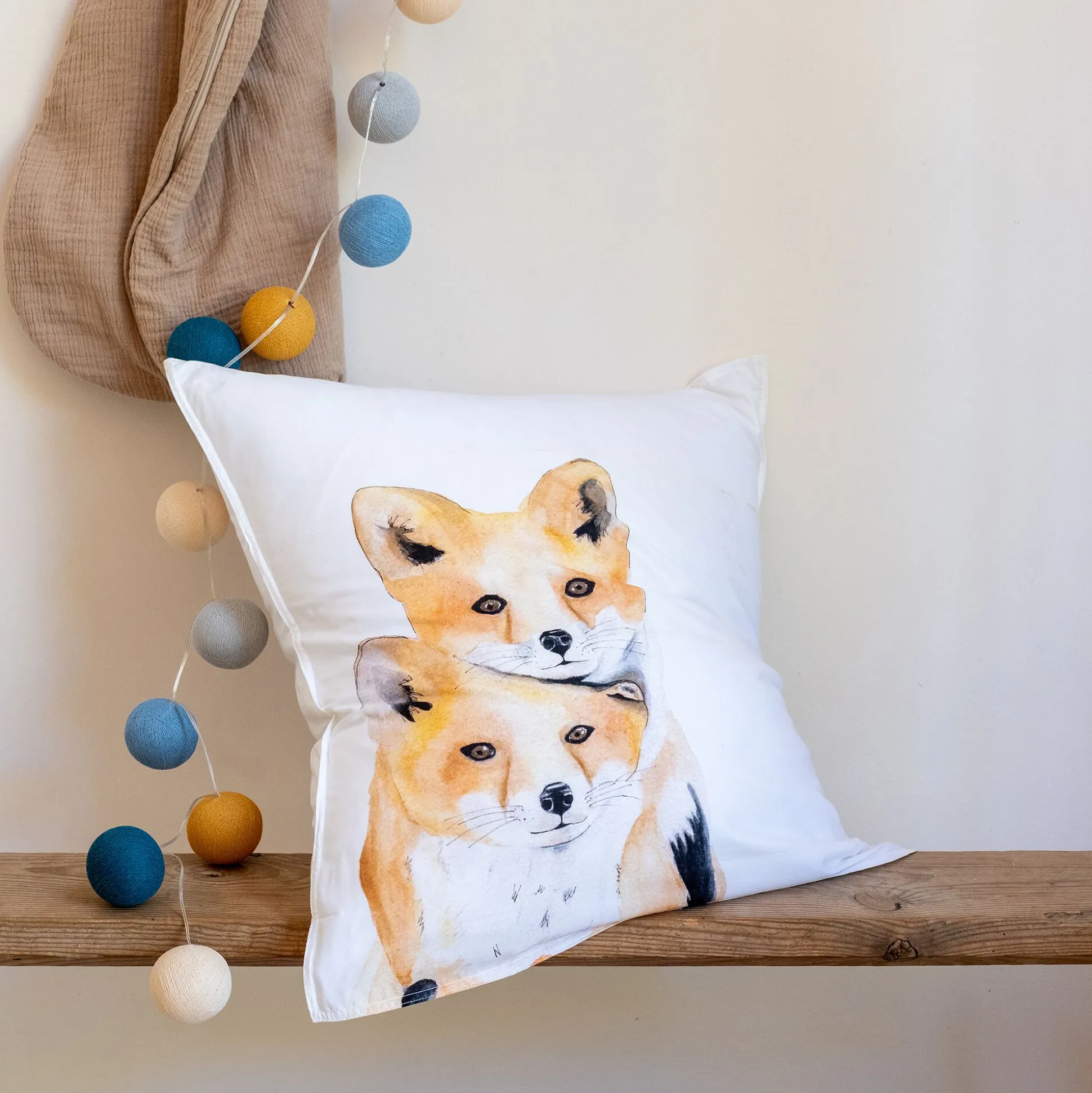 Taie d'oreiller enfant imprimé renard en coton 63x63cm - orange