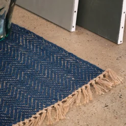 Tapis de couloir et laine et jute - bleu figuerolles 60x200cm