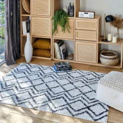 Tapis en coton à motif inspiration berbère - blanc écru et noir 140x200cm