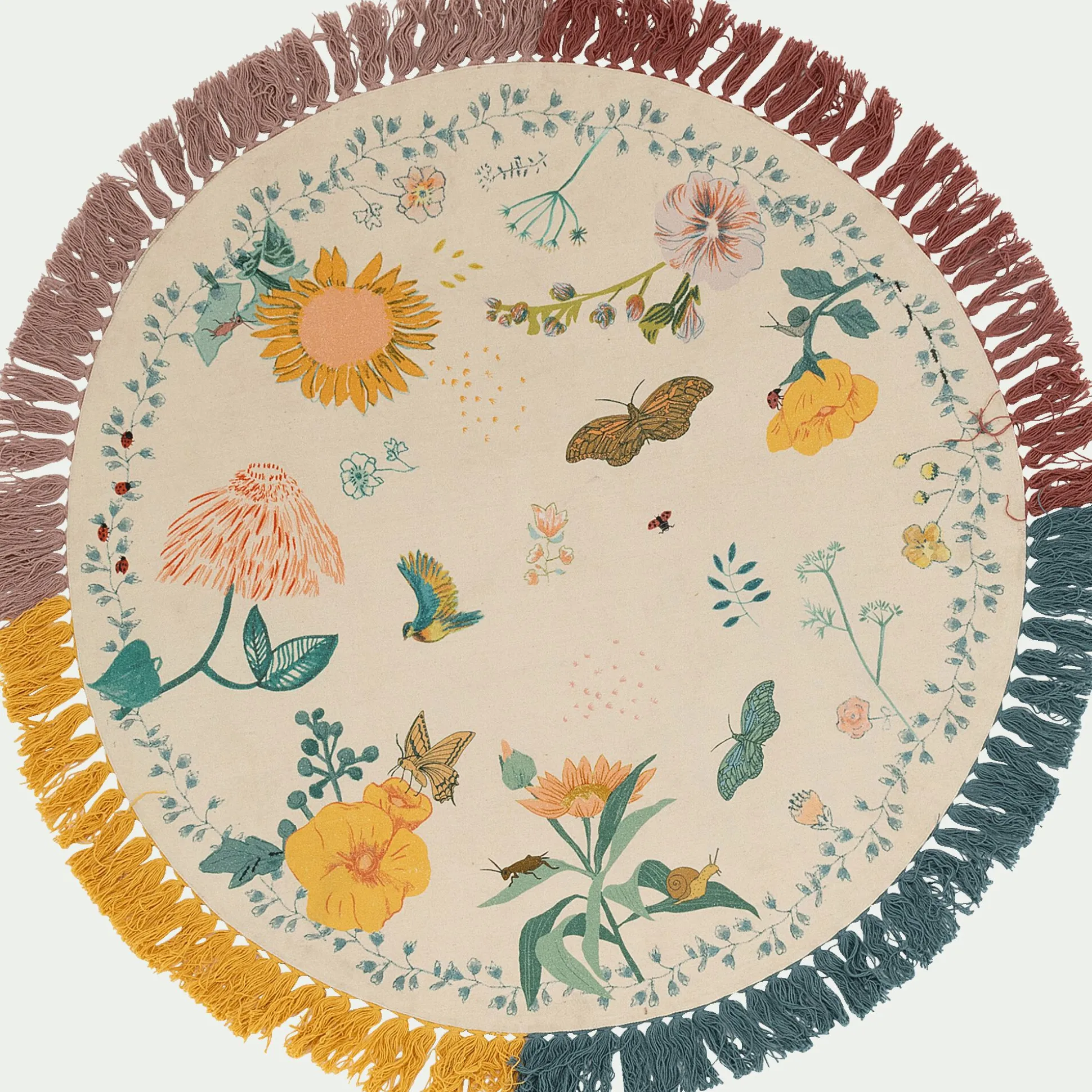 Tapis enfant en coton tissé plat imprimé motifs fleurs d120cm - multicolore