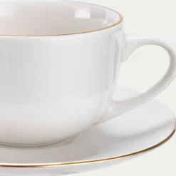 Tasse et sous-tasse en porcelaine avec liseré doré D23cm - blanc